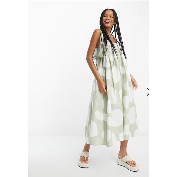 ASOS DESIGN square neck midi smock sundress khaki abstract spot Size 10 - Picture 1 of 11